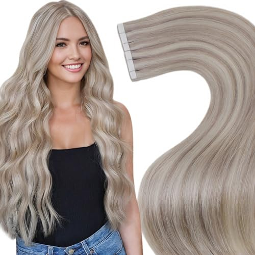 LaaVoo Tape Extensions Echthaar 60cm Blond Echthaar Extensions Tape Aschblond Highlighted Platinblond #18/613 Blond Haarverlängerung Echthaar Tape Glatt 50g 20pcs