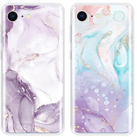 SEHEYA 2 Pezzi Custodia per iPhone SE 2022/7/8/SE 2020 Cover Aesthetic Disegni Fantasia Silicone Bumper Case Ultra Sottile TPU Morbido Antiurto Protettiva Custodie, Marmo Rosa Viola