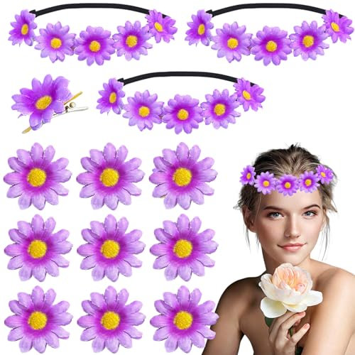 Oenothera 13 Stücke Gänseblümchen Haarband, Blumen Haarband, Blumenkränze Fürs Haar, Stirnband Blumen, für Mädchen Frau Braut Brautjungfer für Hochzeit Geburtstag Party(Lila)