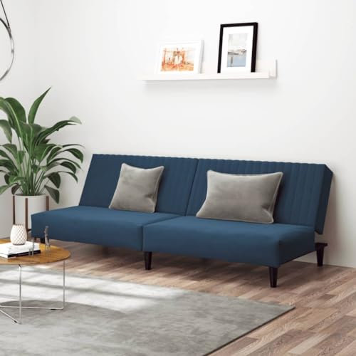 Homgoday Schlafsofa 2-Sitzer Sofa mit Schlaffunktion Bettsofa Klappsofa Bettcouch Sofa Couch mit Verstellbarer Rückenlehne Loungesofa fürs Wohnzimmer Schlafzimmer Blau Samt