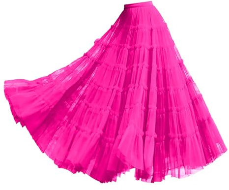 QzSSbii Damenrock-Anzug, 8 Rüschen, mehrlagiges Netzgewebe, A-Linie, Tütü, Abschlussball, Hochzeit, lange Tüllröcke, Rockmuster zum Nähen, hot pink, Einheitsgröße