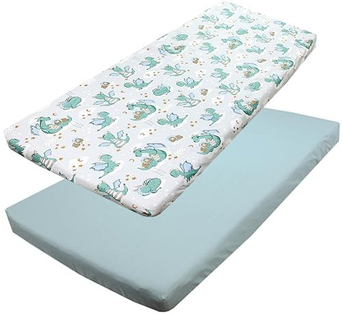 TupTam Baby Spannbettlaken Kinder Spannbetttuch für Babybett Kinderbett 2er Pack, Farbe: Drachen Grün/Grau, Größe: 60 x 120 cm
