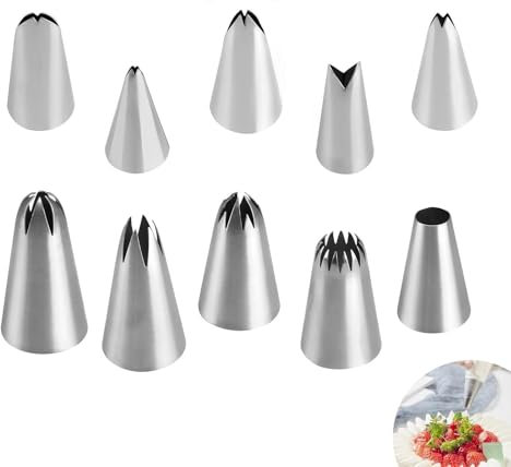 0XBIT Spritztüllen, 10 Stück Tüllen für Spritzbeutel, Edelstahl Spritztüllen Blumen, Geeignet für die Zubereitung von Kuchen, Exquisitem Gebäck und Dessertläden in der Küche