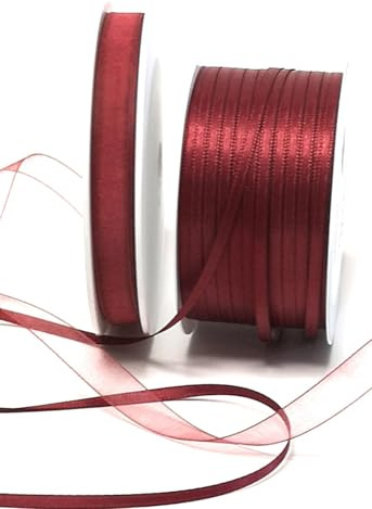 2 Rollen Schleifenband - je 1 Rolle 50 Meter Satinband 3mm und Organzaband 10mm weinrot