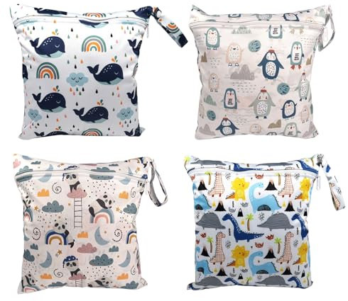 Sporgo 4 Stück Wetbag Kindergarten: 4 Stile Nasstaschen Wasserdicht Windeltasche, Wet Bag Wiederverwendbare Stoffwindeln Nasstaschen, für Babywindeln, Schwimmbad, Strand, Reisen