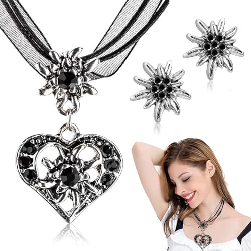 QOWUXHZ 3 Stück Trachtenschmuck Set Bayerisch Schmuck Trachtenkette Mit Strass Herz Anhänger Und Ohrstecker Für Damen Bierfest Trachten Outfit Accessoires Schwarz