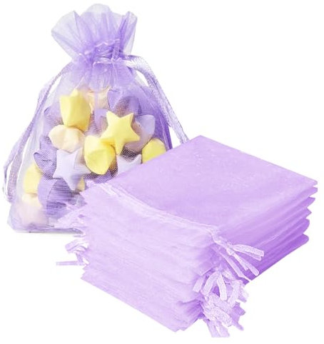 100 Organzasäckchen 7x9cm, Bunt, zum Befüllen, mit Kordelzug für Schmuckbeutel, Hochzeit, Festivalparty (Hellviolett)