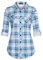DJT Damen Weiches Gestrick Karierte Bluse Langarm Oberteile Roll Up Ärmel Hemdbluse Tunika Button Down Blusen Top Hellblaues Kariertes L