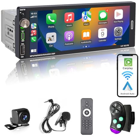 Alondy Radio Coche 1 Din Bluetooth con pantalla táctil de 6,9 compatible con [Wireless] Apple CarPlay/Android Auto inalámbrico Cámara de visión trasera AM/FM/RDS Radio Tipo-C USB Carga rápida de 2.1A