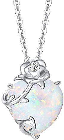 FANCIME October Birthstone Necklace for Women, Sterling Silver Heart Rose Opal Pendant Necklace Jewellery, Anniversary Valentine's Day Mother's Day Christmas Birthday Gift for Her Wife Mum