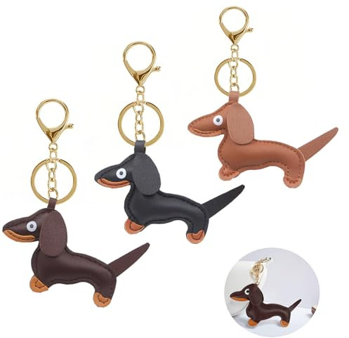SI SEN Leder Dackel Schlüsselanhänger, 3er Set, Schwarz, Dunkelbraun, Kaffee, Cartoon-Design, Unisex, Verschleißfest, 10 x 6,5 cm/3,93 x 2,55 Zoll, PU-Leder