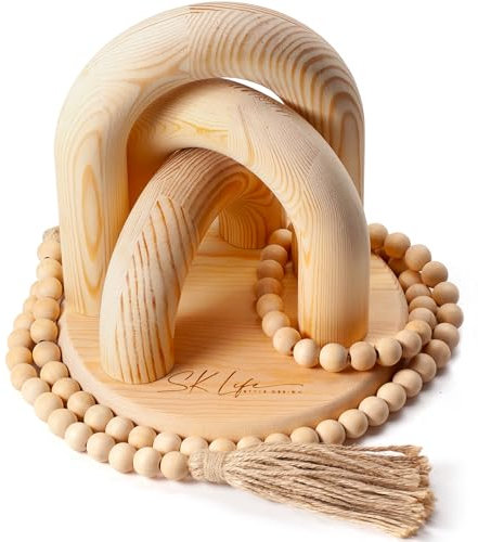 Holz Deko modern Wohnzimmer Boho Stil Set (5-teiliges Set),Bücher-Regaldekaration,Couchtisch-Dekor aus Natur Holz,Perlengirlande(147cm) und Untersetzer,Landhaus Heimdekoration