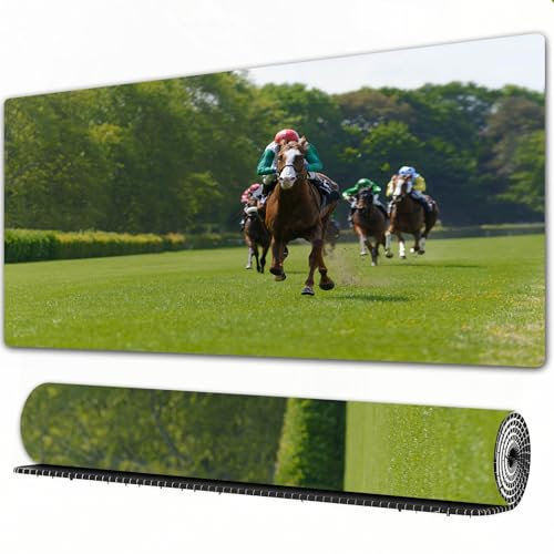 FEHWI Tappetino per mouse da gioco,grande,antiscivolo,impermeabile,con bordi cuciti,Decorazione della caverna dell'uomo, diversi cavalli da corsa con fantini, competi,per gaming,ufficio,casa,90×40 cm