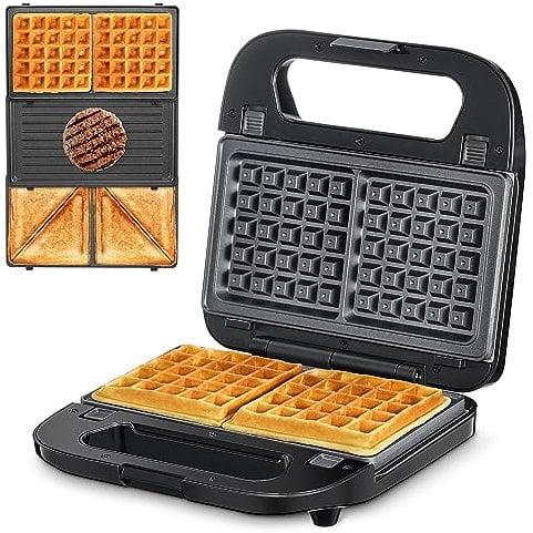 Croque Monsieur 3 en 1 [Grill, gofre, aparato de cocción, placas extraíbles antiadherentes, 750 W, indicadores LED, sin BPA, negro