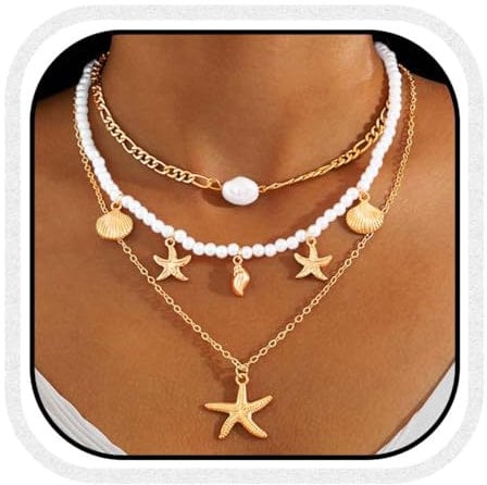 Reaky Pearl Necklace Gold Starfish Necklaces Layered Seashell Necklace Beach Accessories for Women and Girls(Pack of 3)