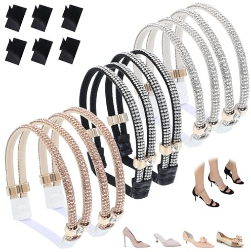 oruola 3 pares de correas elásticas para zapatos de tacón, cordones de zapatos de tacón alto, cordones elásticos para talones, cinturón fijo, cordones con brillantes, negro, blanco, champán, 24cm