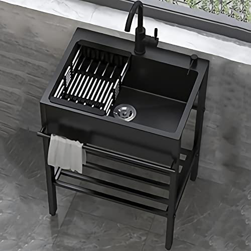 Évier utilitaire autonome en acier inoxydable portable noir à une gamelle pour laver les mains et laver les mains, idéal pour le bain du chien, le garage et le jardin (60 x 45 cm)