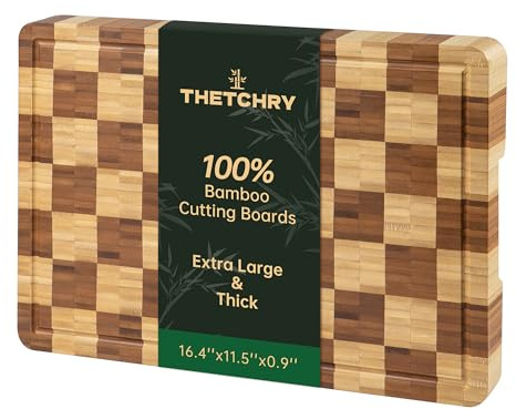 Taglieri in bambù per cucina, tagliere in legno a grana fine con scanalature e manici per succhi, tagliere per salumi a scacchi, vassoio da portata spesso con scatola regalo, 41 x 30 x 2,5 cm
