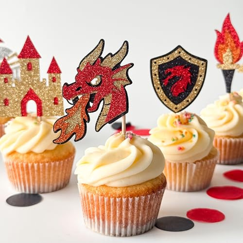 Confetti! 12PCS Dragon Cupcake Toppers – Glitter Medieval Fantasy Birthday Decorations, Enchanted Forest Fairy Tale Party Supplies for Kids & Adults (Cupcake Toppers)