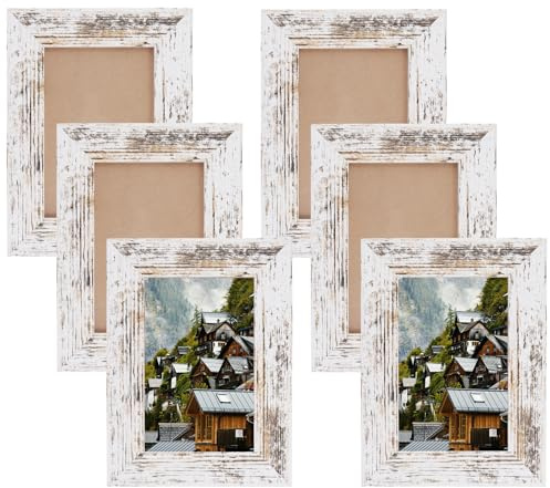 CHUEHKAK 6er-Set Rustikale Bilderrahmen 10x15cm, A6 Vintage-Weiß Fotorahmen | für zum vertikalen oder horizontalen Aufhängen/Aufstellen, Posterrahmen Collage Wanddeko, Silber