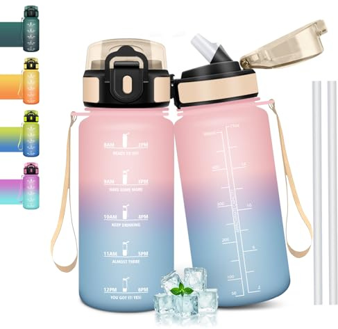 Mulbijeo Gourde Paille 500ml, sans BPA & Étanches, Bouteille, Motivation Bouteille d'eau, Avec Marqueur de Temps, Petite Gourde pour Gym, Ecole, Cyclisme, Plein Air, Sport