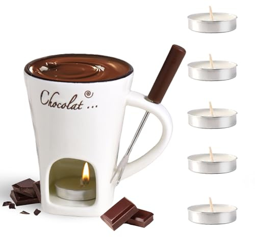 Vauki Schokofondue Tasse 200ml mit 6 Teelichtern & Gabeln - Keramik Fondue Tasse für Schokolade, Käse und Düfte, Vielseitiges Schokoladenfondue Set für Dessert und Party