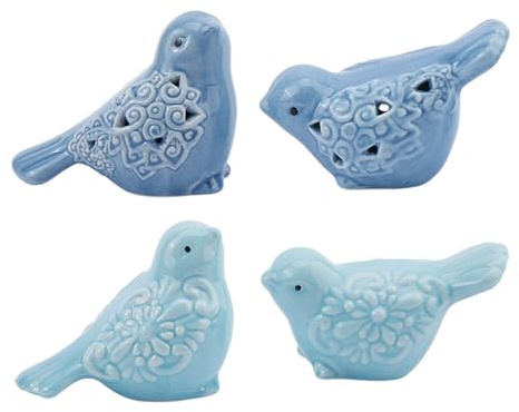 DICOSMETIC 4 Stück 2 Farben Porzellan Vogel Statue Blaue Keramik Vögel Figur Keramik Vogel Ornamente Kleine Tier Statuen Wohnkultur Für Schrank Regale Eingangsbereich Bücherregal TV Ständer