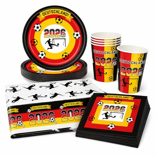 AURALIN Vajilla fútbol Alemania Copa 2026 53 piezas para 16 personas | Set completo con platos vasos servilletas y mantel para días de partido eventos deportivos y fiestas de fútbol