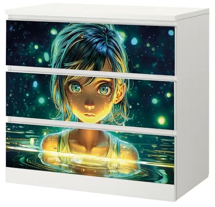 Möbelfolie IKEA Malm Kommode Anime Mädchen 3 3er 80 cm Deko Set | Malm 3 Schubladen blasenfrei selbstklebende Folie für IKEA Möbel Kinderzimmer Schlafzimmer für Möbel Deko Zuhause