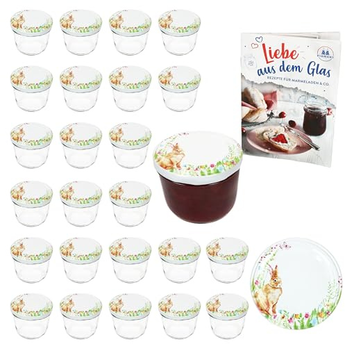 MamboCat 25er Set Sturzglas 230 ml mit Schraub-Deckel Osterfreude I Einmachgläser + to 82 Deckel mit Hasen & Blumen I Ostern I inkl. Diamant-Zucker-Rezeptheft I einkochen