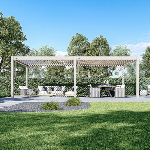 Weide Deluxe Plus Aluminium Pergola freistehend mit verstellbarem Lamellendach | Witterungsbeständiger Pavillon für Terrasse & Garten mit Handkurbel und integriertem Wasserablauf (Sand, 4 x 8)