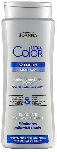 Joanna Ultra Color Shampooing pour nuances argent et platine Shampooing revitalisant fortifiant Rafraîchissant et soin des cheveux Neutralise la teinte jaunâtre Restaure toute la brillance 400 ml
