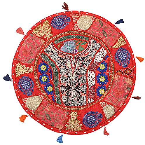 Stylo Culture Indisch Rund Bodenkissenbezug 55x55 cm Dekorativ Stuhlkissen Vintage Rot Boho Patchwork Sofa Sitzkissen Baumwolle Bestickt Bodenkissen Outdoor