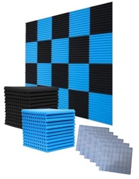 HJGFK2018 Akustikschaumstoffplatten, 2,5 x 30,5 x 30,5 cm, Schwarz/Blau, Akustikkeil, Studio-Schaumstoff, Schallabsorption, Wandpaneele, 52 Stück