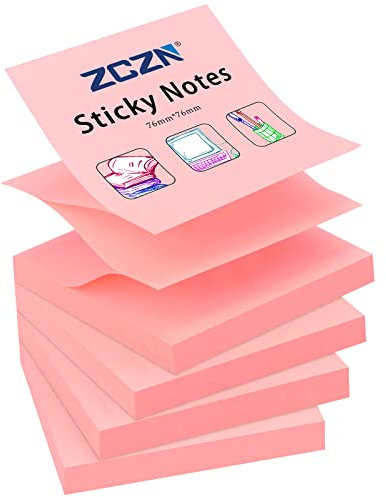 ZCZN Pop-up Sticky Notes 76 x 76 mm, 4 Pads Bright Colour Self-Stick Notes, 100 Sheets/Pad, Pink
