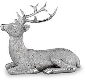 H.Bauer jun. Kleine liegende Kunststein Deko Hirsch Figur - silbern glänzende Jagdfigur mit Geweih - Silberglanz Weihnachts-Deko zum Hinstellen Höhe 16 cm