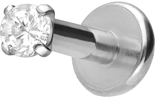 PIERCINGLINE Titan Labret Stecker Gewinde EINGEFASSTER KRISTALL Silberfarben 2,5 x 1,2 x 5 mm Piercing Lippe Nase Ohr