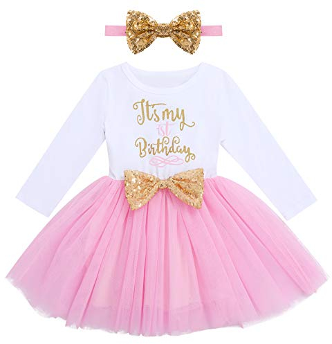 FYMNSI Baby Mädchen Mein Erster 1. Geburtstag Kleid Baumwolle Langarm Tutu Tüllkleid A-Linie Prinzessin Partykleid mit Pailletten Schleife Stirnband 2tlg Fotoshooting Outfit Rosa 1 Jahr