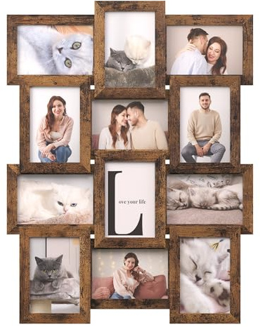 SONGMICS Collage Picture Frames, 4x6 for Wall Decor, Multi Family Photo for Gallery Decor, Hanging Display, Set of 12, Rustic Brown URPF026X01