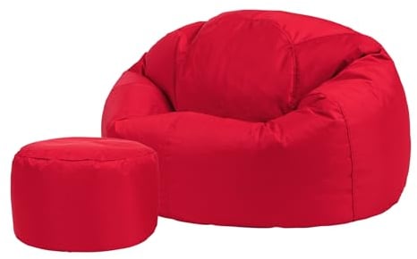 Bean Bag Bazaar Sitzsack mit Hocker für Erwachsene, Rot, Outdoor Sitzsack mit Füllung, Bean Bag, Wasserabweisender Stoff, Bequemer Sessel für Wohnzimmer, Garten, Terrasse