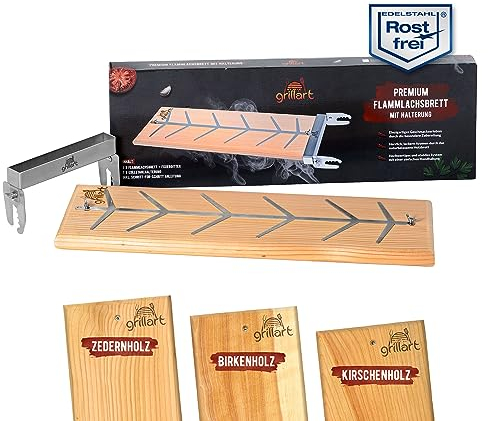 grillart® Premium Flammlachsbrett mit Halterung (Birkenholz) aus Edelstahl für herrlichen Flammlachs – auch ideal für Flammbauch – für Feuerschale sowie Grill und Lagerfeuer optimal geeignet