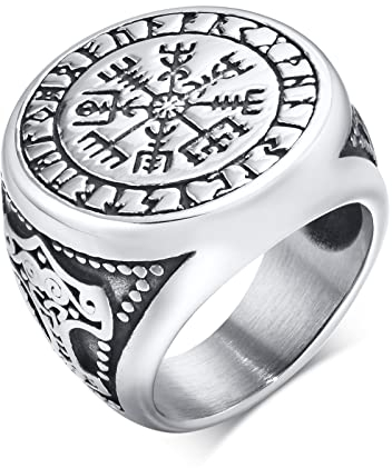 XUANPAI Nordischer Herrenring Wikingerring, Viking Runen Vegvisir Kompass Ring Thors Hammer Ring Edelstahl Ringe fur Männer (Silber, 54 (17.2))