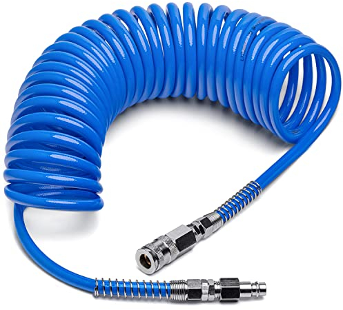 LICURAT Druckluftschlauch - 5 Meter - Gewebeverstärkter PU Druckluft Spiralschlauch - Innenø: 6,5mm; Außenø:10mm - Kompressorschlauch mit deutschen DN 7,2 Anschluss - Luftdruckschlauch mit Swivel