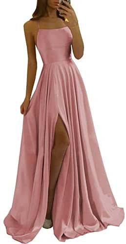 Sincemeet Robes de Bal en Satin à Bretelles Spaghetti Robe de soirée Longue sans Manch Dos Nu Robe de soirée de Mariage avec Fente