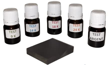 Kit 5 flaconi per spatola test gioielli tester per oro 9 K, 14 K, 18 K, 24 K, argento pronto all'uso con pietra di tocco + istruzioni incluse