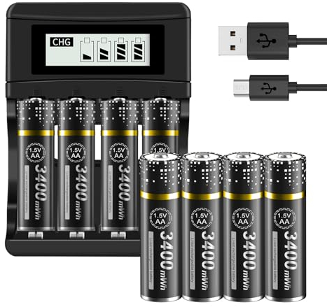 8 Stück AA Akku mit Ladegerat - 1.5V/Lithium 3400mWh AA Akkus Aufladbare mit LCD Anzeige Schnellladegeräte AkkuLadegerät 4 Slot für Li-ion Mignon AA, Micro AAA Akkus Batterien