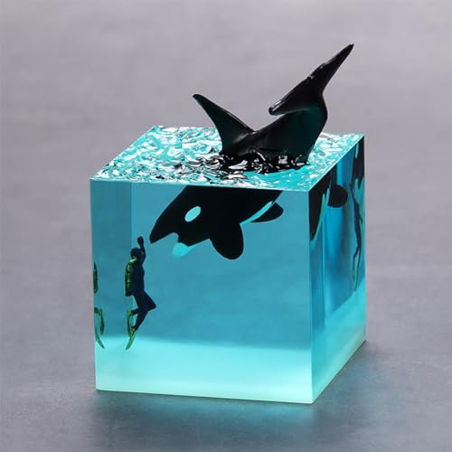 Tuzsocr 3D-Epoxidharz-Lampe, LED-Wal-Nachtlicht, Seetaucher und Hai-Würfel-Lampe, realistische Ozean-Tier-Skulptur, Walmodell mit Holzsockel, 70 mm, einzigartiges Geschenk für Ozeanliebhaber (Stil 3)
