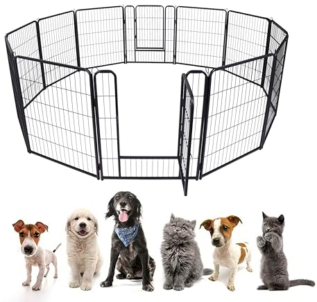 AufuN 12-TLG Welpenauslauf faltbares Freilaufgehege Tierlaufstall 80cm hoch, Automatische Verriegelung, Laufgitter Welpenlaufstall mit Tür für Hunde, Kaninchen, Kleintiere, Katze