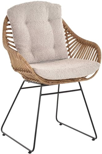 Korb-Sessel Retro-Stil Rattan Club-Sessel 50er Eisen-Gestell Korbstuhl mit Armlehne (Hell-Braun mit Kissenset)