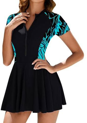 FYMNSI Swim Dresses for Women UK Ladies Swimming Costume One Piece Modest Swimsuit Swimdress with Panty Zip Up Padded Bathing Suits Skirted Swimwear Short Sleeve Vintage Beachwear Black + Blue L